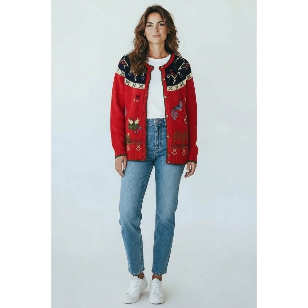 SKYR Vintage 100% Wool Holiday Cardigan Sweater Embroidered Red Women’s Size M